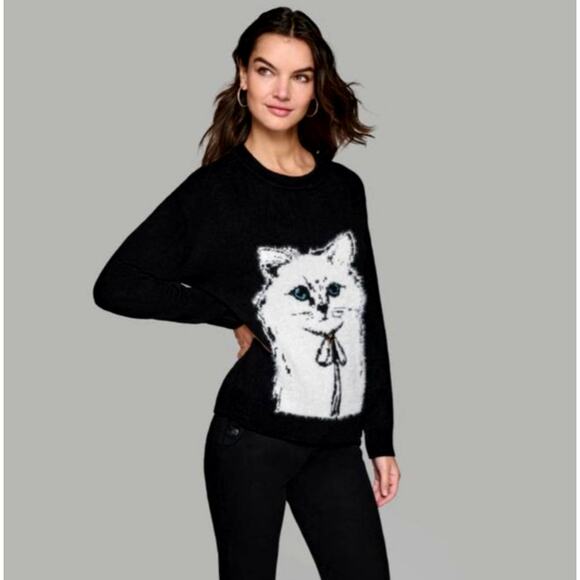 KARL LAGERFELD PARIS Fuzzy Choupette Crew Neck Long Sleeve Sweater, Large, NWT - Picture 1 of 11